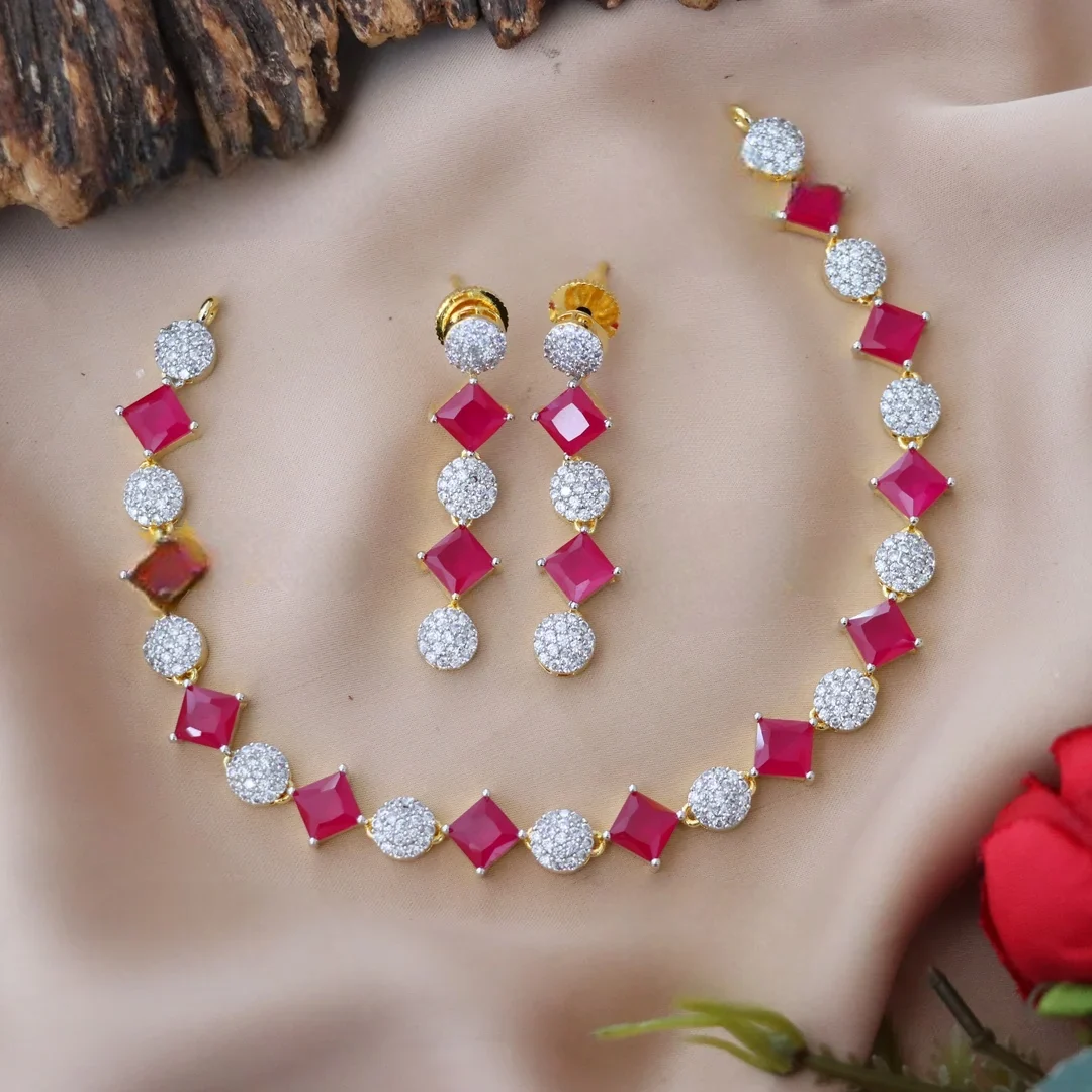 Exquisite American Diamond & Emerald Choker Necklace Set - Pink